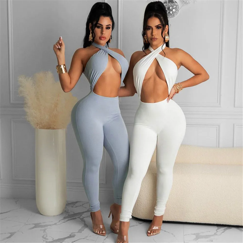 

Evessi Cut Out Halter Neck Overalls for Women 2021 Off Shoulder Sexy Female Jumpsuit Solid Bodycon Fitness Bodysuits Summer