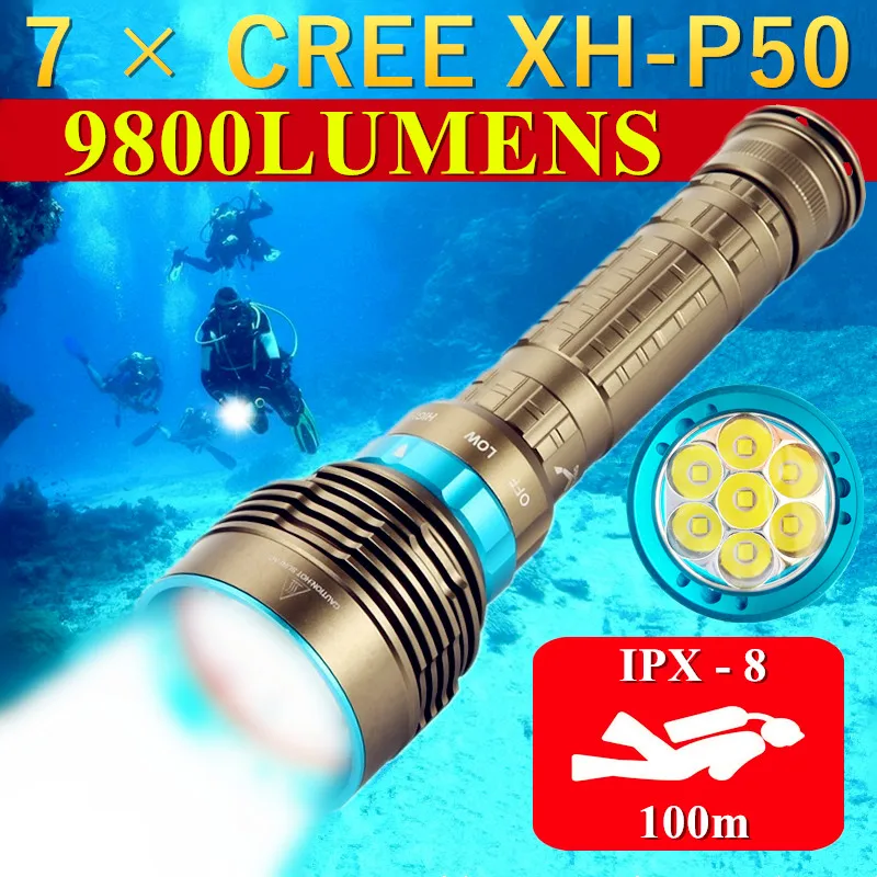

7*CREE XH-P50 Ultra Bright Submarine Dive Fill Lighs Underwater 100m Scuba 7LED Diving Flashlight IPX-8 Waterproof Hunting Torch