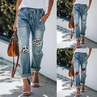 summer womens casual blue jeans pattern printed loose ankle length wide leg straight pants holes tight waist denim women