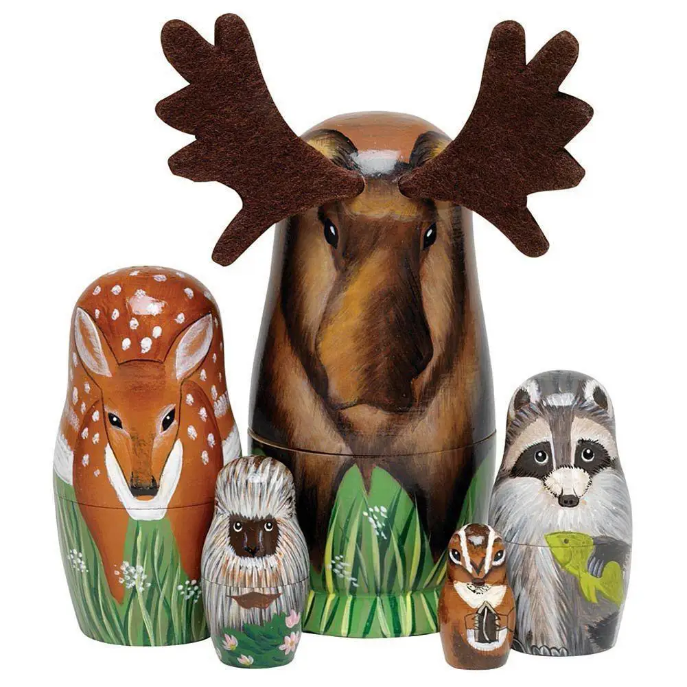 

5Pcs/Set Hand Painted Wooden Nesting Dolls Matryoshka Deer Animal Figurines Toy Tabletop Ornaments Toys Gift Crafts