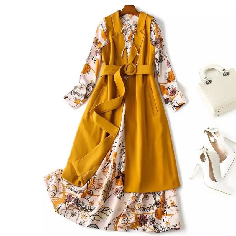 

New 2020 autumn womens chiffon dress suit bow collar print a-line dresses elegant sashes long vest two piece set plus size 55b