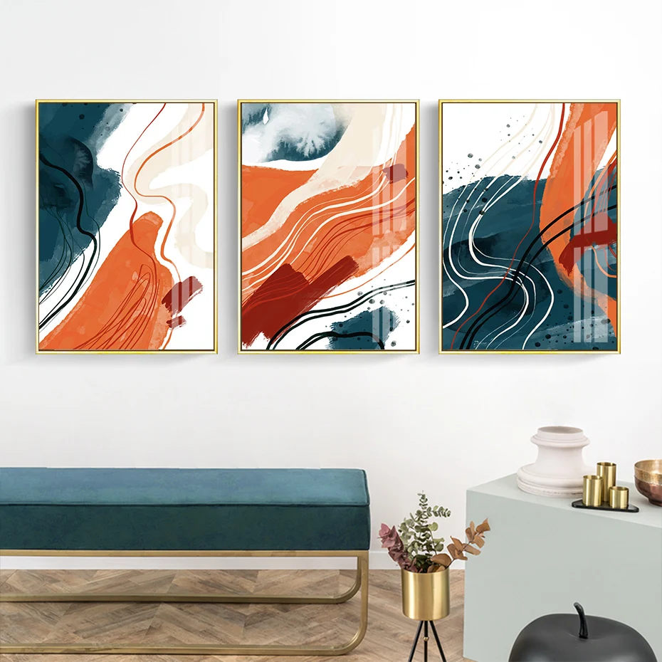 

Modern Abstract Line Orange Brush Trendy Canvas Paintings Poster Prints Wall Art Pictures Living Room Interior Home Decoration