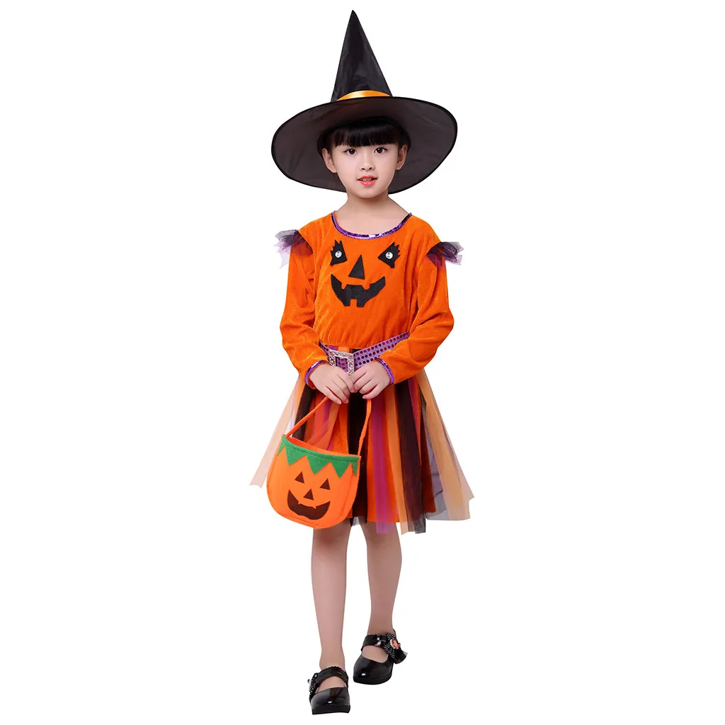 girl winter dress Toddler girls long sleeve Kids Baby Girl Halloween Pumpkin Tulle Dress+Cap+Bags Outfits Autumn Costume | Детская