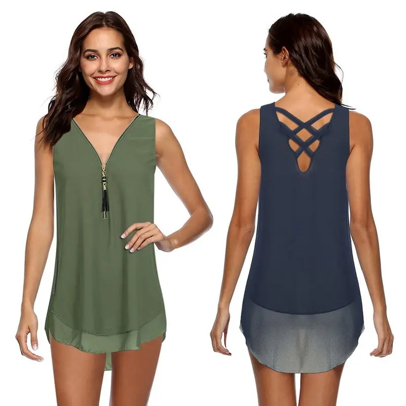 

2021 Spring Summer Oversize Lady Solid Color V Neck Sleeveless Chiffon Zipper Blouse Shirt Vest Tank Top Loose Ladies Blouse Top