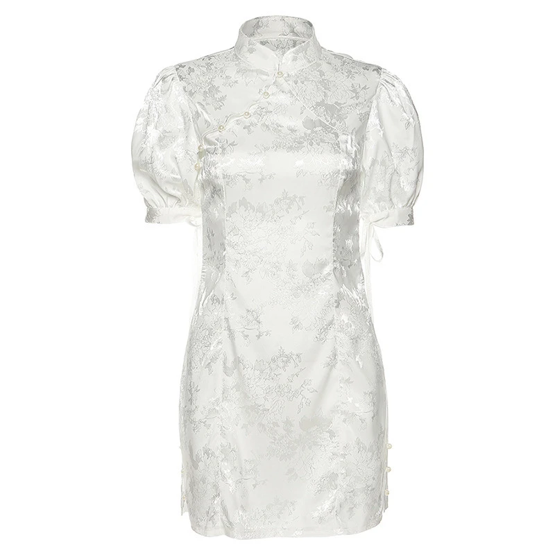 Элегантное китайское платье Ципао женское белое черное ретро с вышивкой высокое