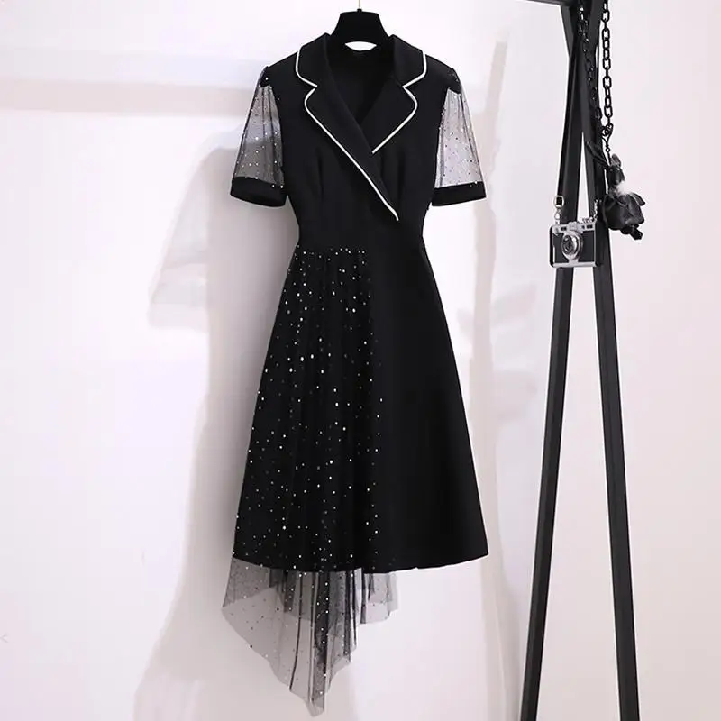 

Women's Spring Summer Style Dress Women's Mesh Patchwork Sequined V-neck Korean Elegant Dress SS1881