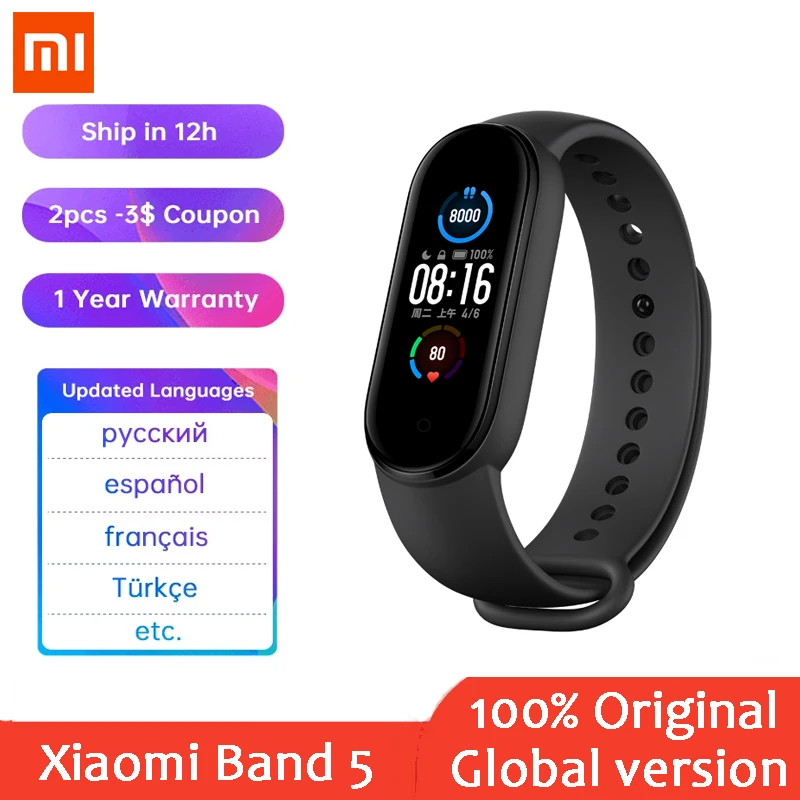 

Global Version Xiaomi Mi Band 5 Sport Wristband Heart Rate Fitness Tracker Bluetooth AMOLED Screen Smart Band 4 Color Bracelet