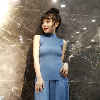 Лидер продаж модная женская футболка миаке без рукавов со складками и высоким