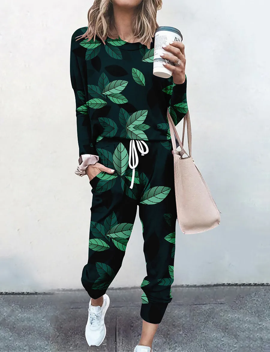 

Women's Basic Streetwear Floral Plant Vacation Casual / Daily Two Piece Set Tracksuit T shirt Pant Loungewear Jogger Pants Draws