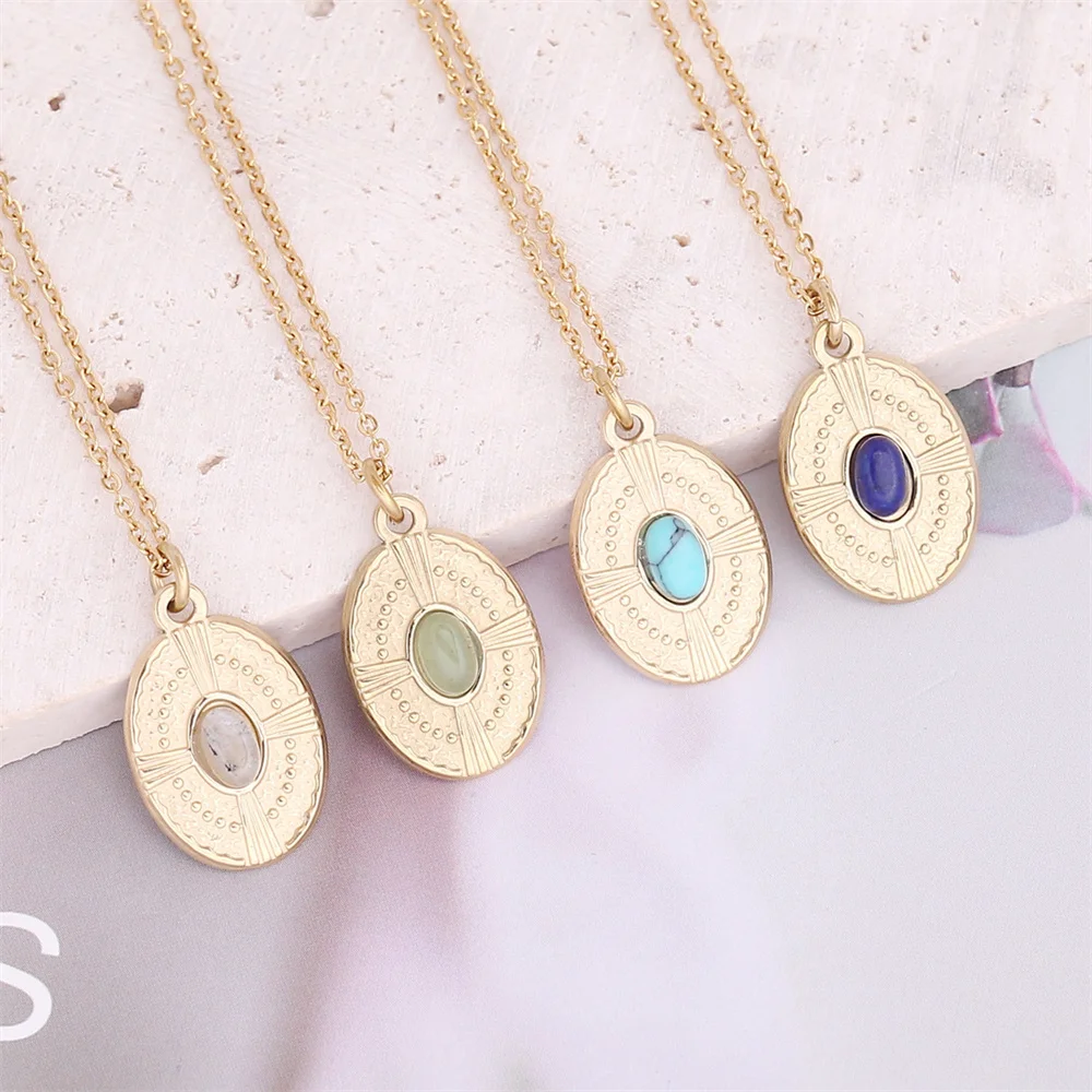

10pcs/lot Oval Stone Pendant Necklace Women Men Vintage Jewelry Simple Cross Necklace Stainless Steel Chain Colar Masculino