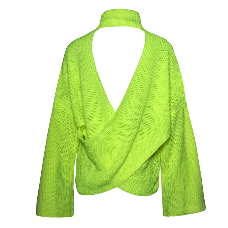 Неоновый зеленый вязаный свитер для женщин осень 2019 открытая спина крест-накрест
