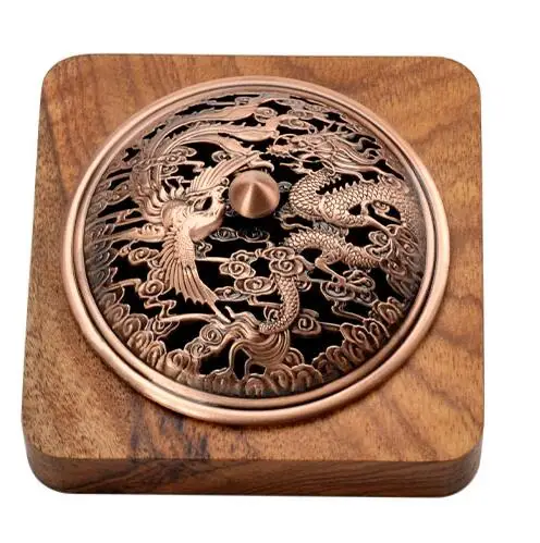 

Tibet Buddhist Lotus Censer Incense Burner Carving Dragon Phoenix Coil Incense Holder Burner Handmade Decoration