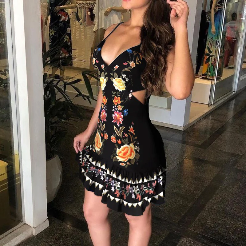 

hirigin Summer Vintage Floral Print Dress Women Sexy V-neck Spaghetti Strap Party Dresses Elegant Hollow Out Ruffles Vestidos
