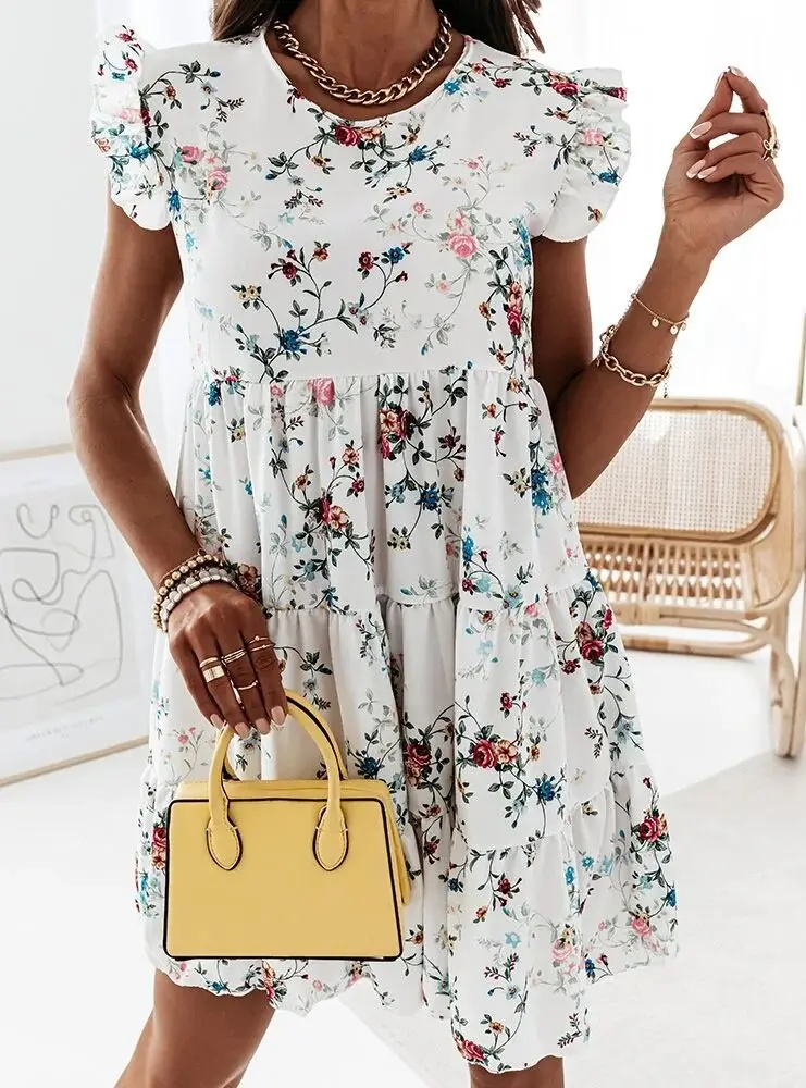 

Women Summer for Dress Loose Flowers Print Ruffles Sleeves Dresses Elegant A Line Stitching Beach Party Female Dress Vestidos
