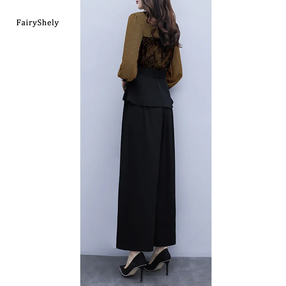 

FairyShely Long Sleeve T-shirt Wide Leg Pants 2 pcs Set Women 2021 Spring Lace Bow Plaid Top Set Korean Office Casual Outfits