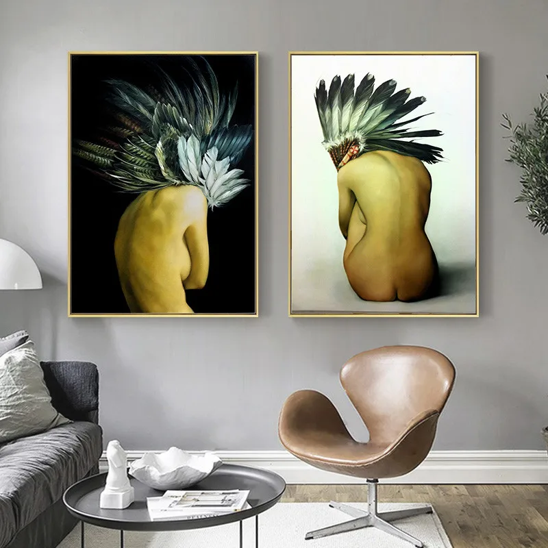 

Feather Wing Home Decor Nordic Canvas Painting Wall Art Modern Picture Girl Figure Posters and Prints for Living Room Decor
