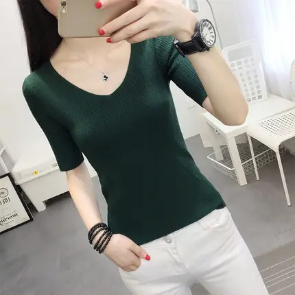 OHCLOTHINGnew style2019, короткий рукав, хлопок, круглый вырез, свитер, Женский рукав, голова, рукав, рубашка, пять, Одноцветный, плотный свитер, тонкий, ремонт - Цвет: V  green