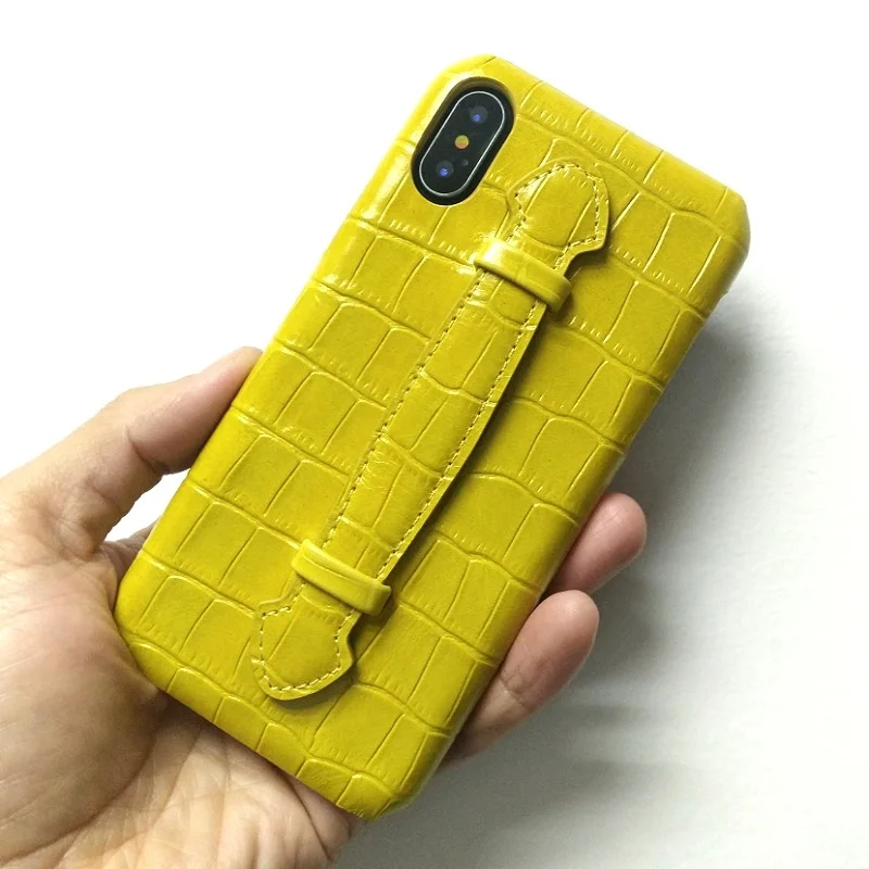 Чехлы для телефонов из натуральной кожи с ремешком на руку для iPhone X XS Max 7 8 Plus, Роскошные тонкие чехлы из крокодиловой кожи желтого цвета