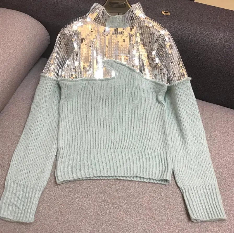 New Heavy Handmade Sequined Sweater Stitch Mohair Light Green Women's Knit Jumper Pullover Top Ladies Pull Femme | Женская одежда