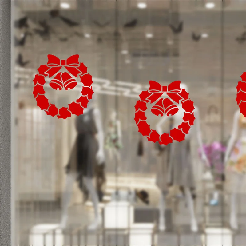 Красный венок колокольчики рождественские наклейки на стену для магазина