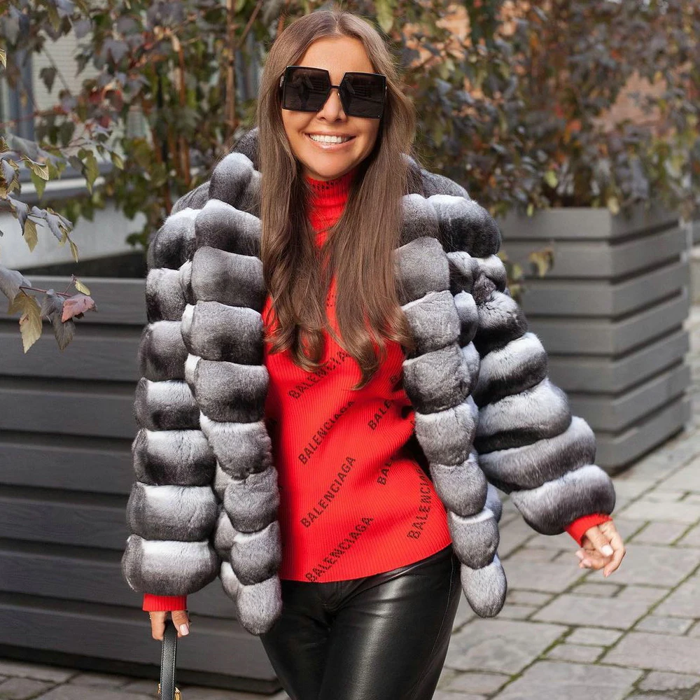 Winter New Real Rex Rabbit Fur Jacket Chinchilla Color Woman Natural Genuine Rex Rabbit Fur Coat with Turn-down Collar Outwear