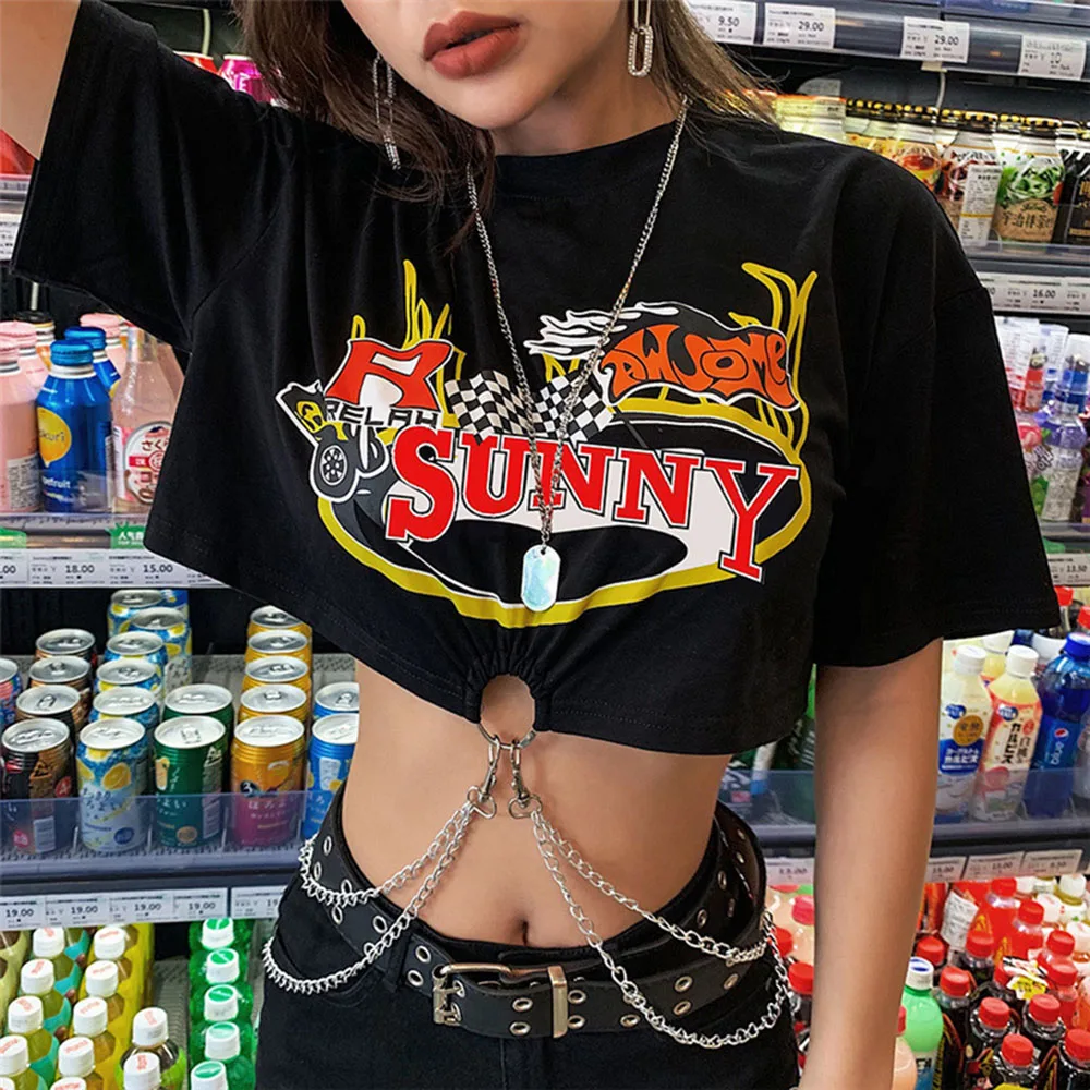 

Уличная мода темный панк трендовый крутой принт с коротким рукавом дизайн цепи чувство дикой природы и тонкий хип-хоп Топ Женская футболка