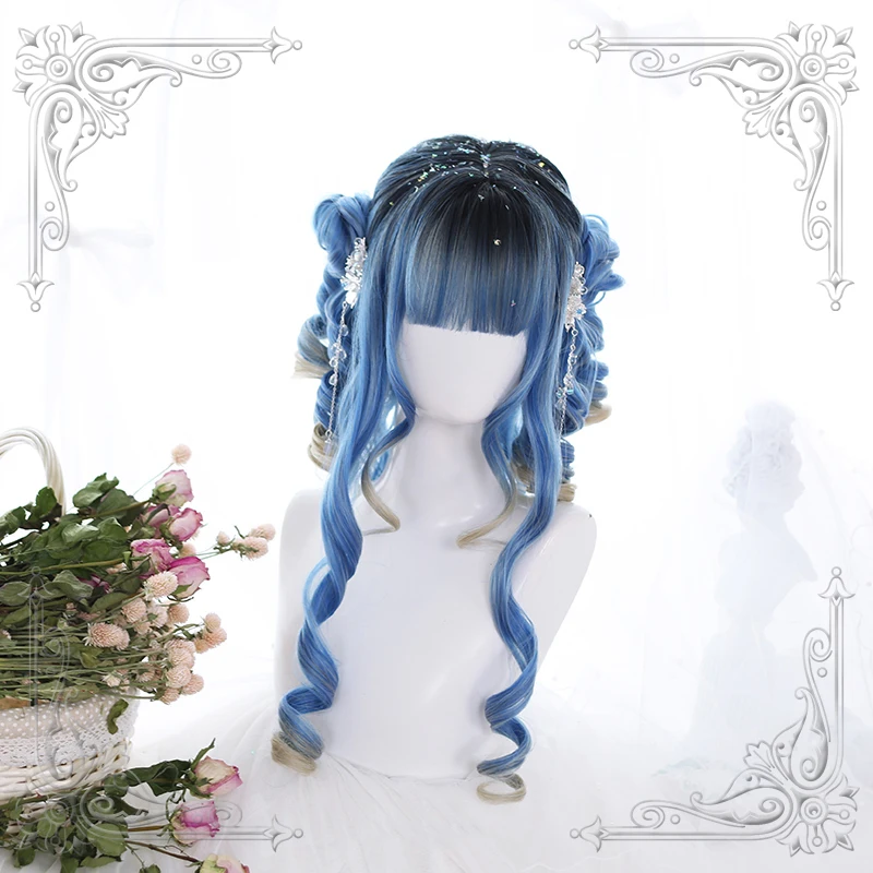 

High Quality Soft Girl Lolita Blue Roman Volume Hair Tail Gradual Change Long Curly Wig