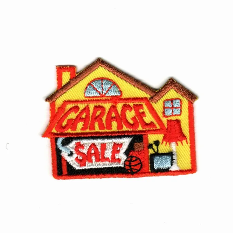 

Custom embroidery patches garage sale house small cute emblem 75% embroidery area hot cut border iron on patch for cloth jacket