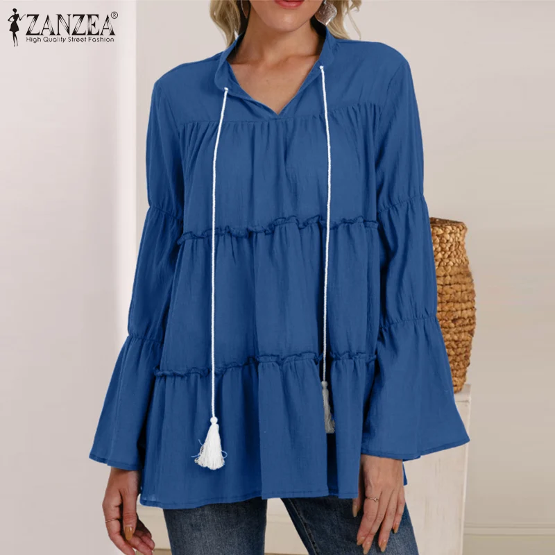 

Stylish Elegant Ruffles Shirt Women Long Flare Sleeve Blouse Spring ZANZEA 2021 Casual V Neck Lace Up Blusas Work Tops Tunic 5XL
