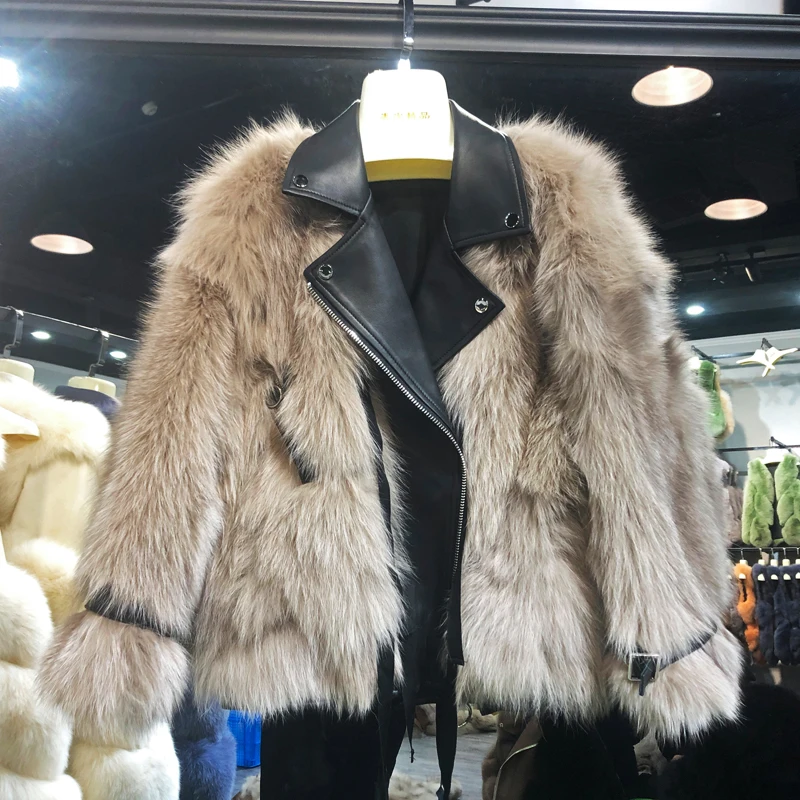 RosEvans Imported Real Fox Fur Locomotive Leather Double-faced Fur Jacket Female Women 2020 Autumn Winter New Turn Down Collar