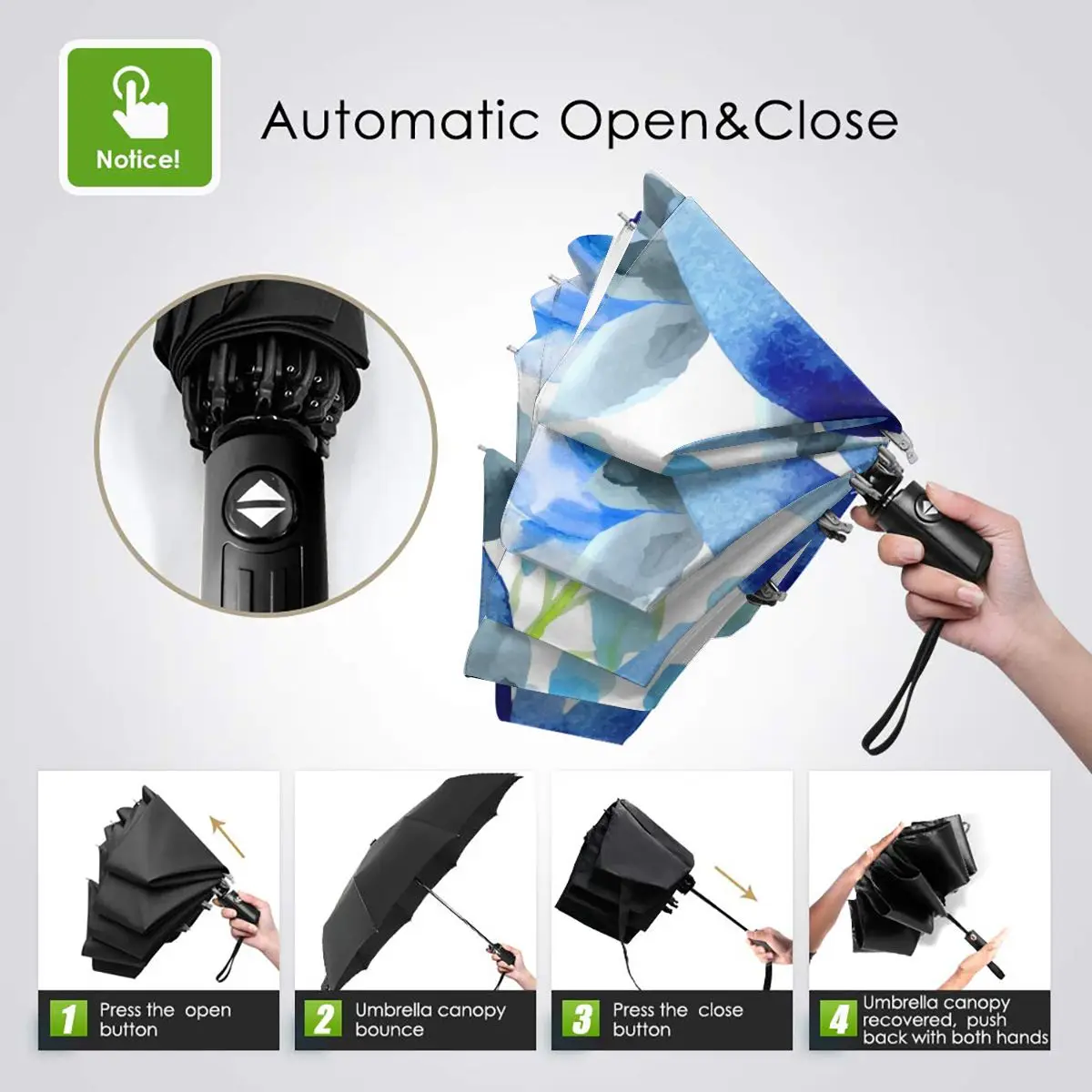 Offerte Resistente Al Vento Pieghevoli Donne Ombrello Automatico Auto Blu Fiori Acquerello Antivento Ombrelli Da Pioggia Per Gli Uomini Parasole