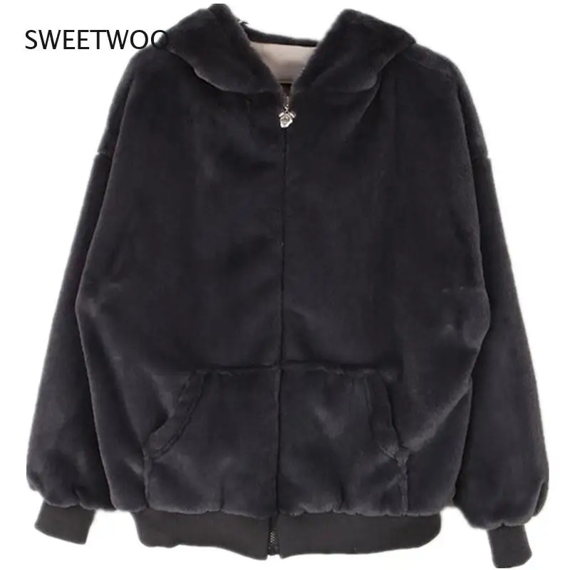 Fashion Plush Coat Women's Winter Imitation Rex Rabbit Fur Grass Loose Medium Length 2021 New Hooded Thickened Coat