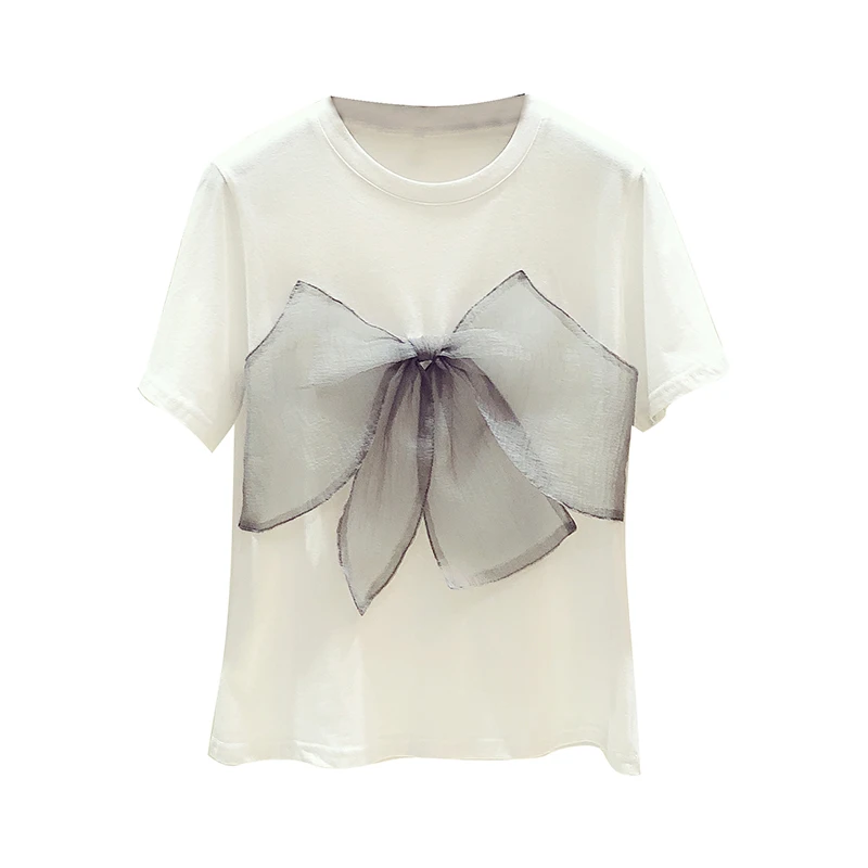 

Mesh Bow Stitching Loose Short Sleeve T-shirt for Women 2021 Summer New Hot Sale White Tees Girls Ladies Top Nancylim