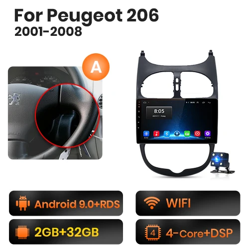 WIFI 2GB-32GB -A AWESAFE для peugeot 206 2001 2002 2003 2004-2008 Автомобиль Радио Мультимедийный видеоплеер gps без 2din 2 din Android 8,1 2 ГБ+ 32 ГБ - Цвет: WIFI 2GB-32GB -A