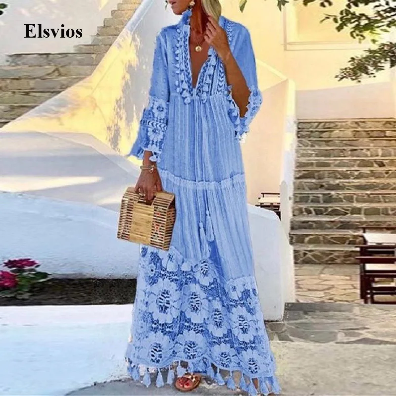 

Sexy Deep V-Neck Women Party Dress Casual Vintage Patchwork Lace Tassel Long Dress Summer Elegant 3/4 Sleeve Beach Maxi Dresses