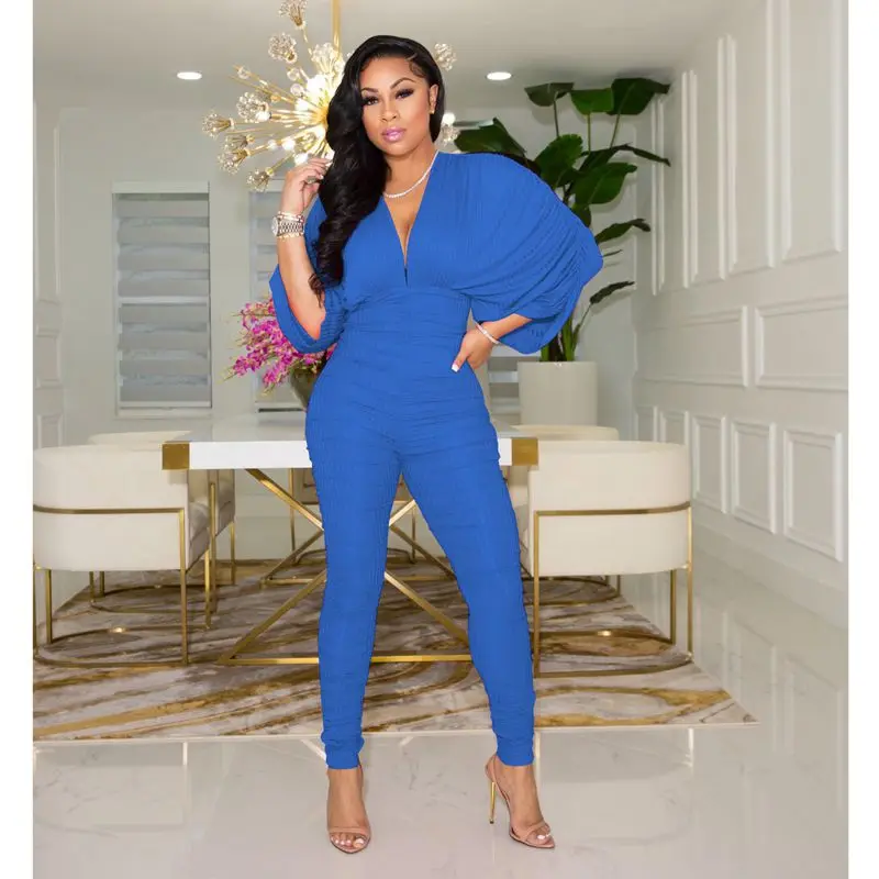 

Sexy V Neck Batwing Sleeve Jumpsuit Fall Clothes for Women Corset Waist Fitness Elegant Ruched One Piece Club Rompers