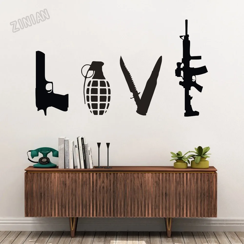 

Love WordsWall Decals Weapons Combination Gun Knife Bomb Rifle Wall Stickers Vinyl Living Room Home Decoration Murals Y240