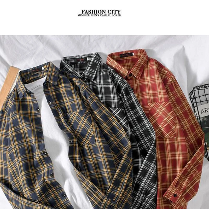 Рубашка женская в клетку с отложным воротником большого размера длинным рукавом