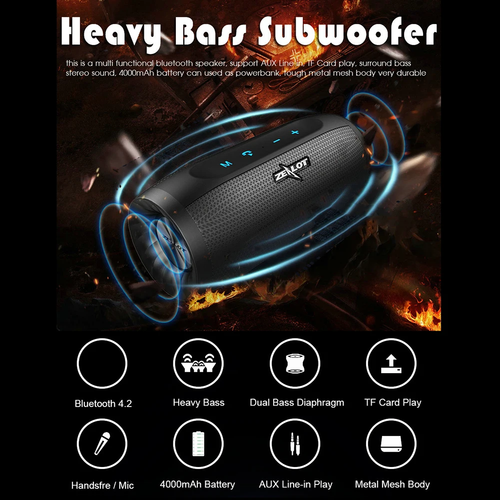 Bluetooth колонка ZEALOT S16 портативная беспроводная с сабвуфером и слотом для TF