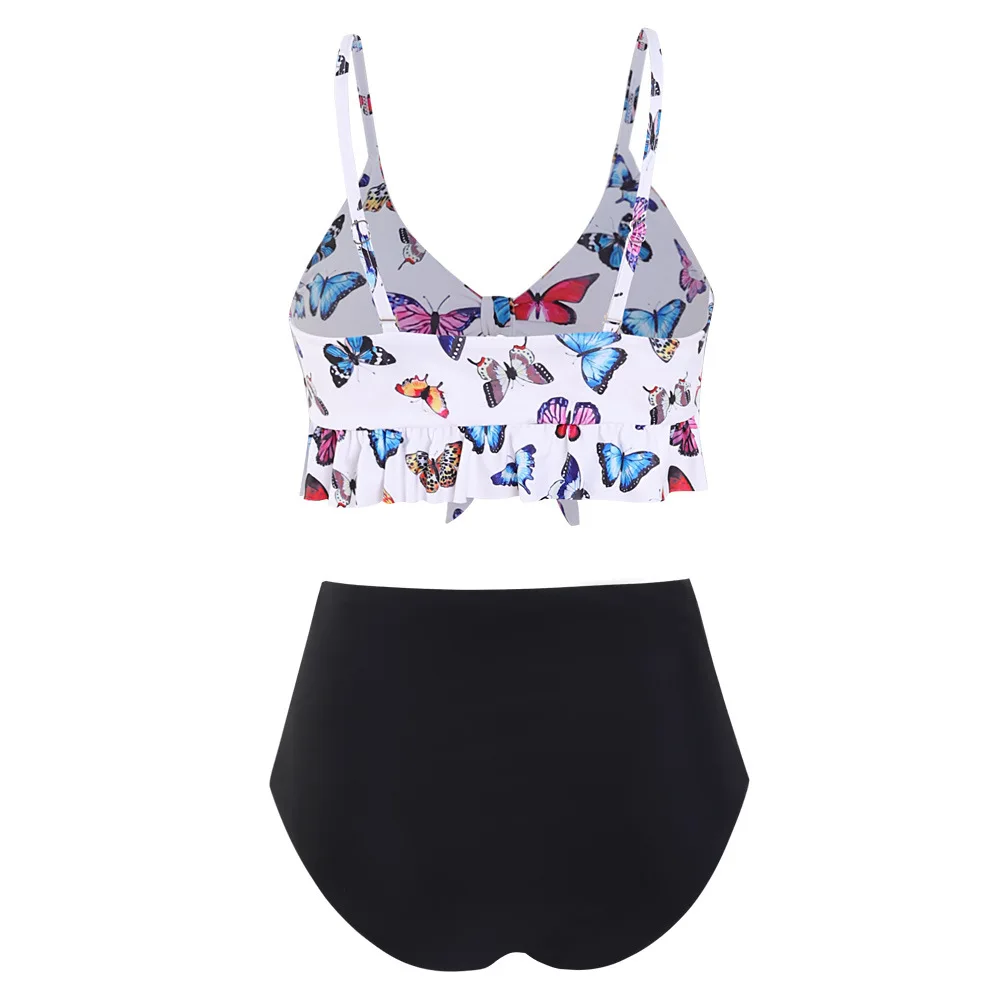 

Knotted High Waist Swimwear Women Bikini 2021 Swimsuit Butterfly Print Bikini Set Ruffle Biquini Bathers Beach Wear Plus Size