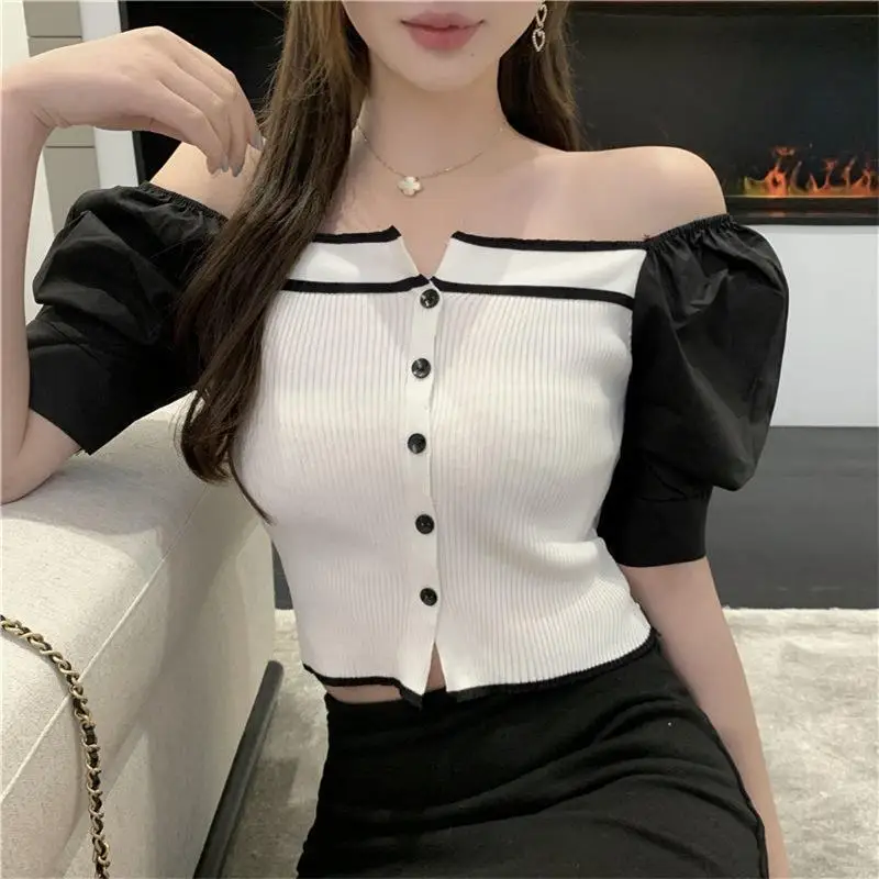 

French T-shirts Off Shoulder Slash Neck Knitting Sexy Crop Tops Women Short Sleeve T-shirts Button Tops For Women Casual Clothes