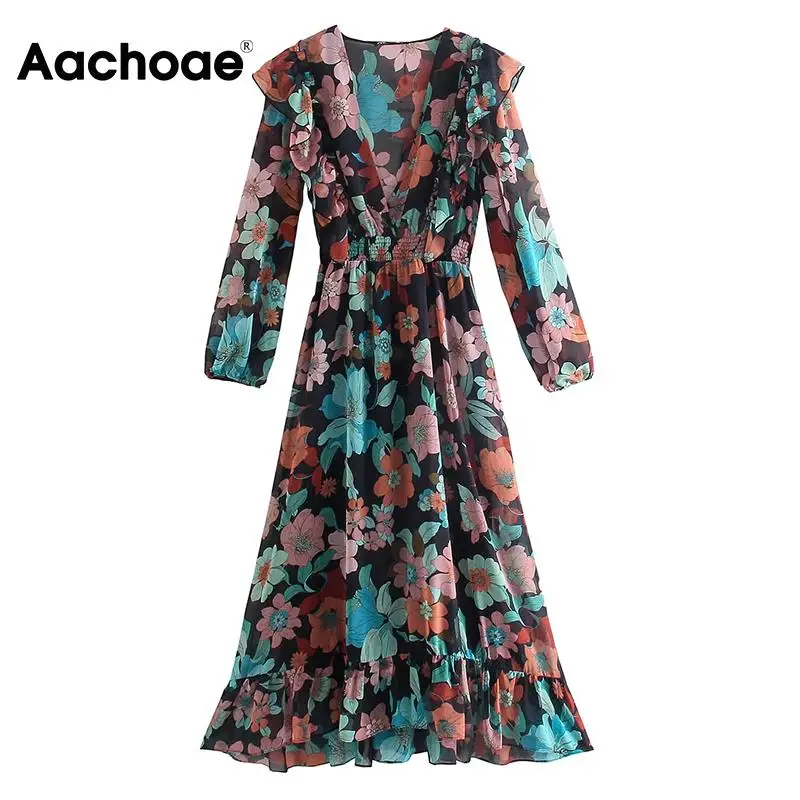 

Платье-миди с цветочным принтом, V-образным вырезом и длинным рукавом