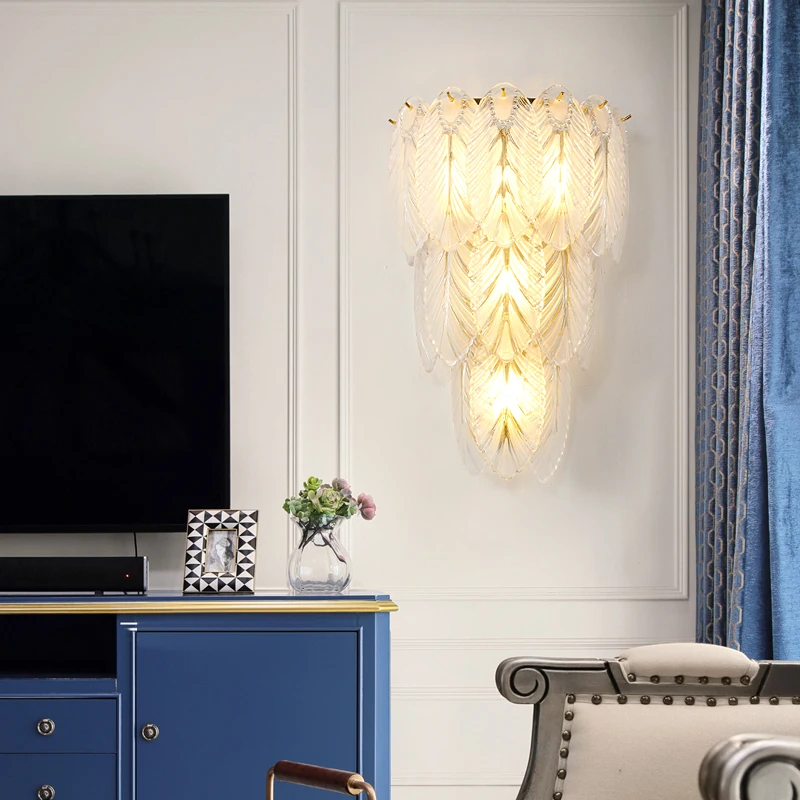 

FKL Modern Feather Crystal Gold Wall Lights light luxury bedroom corridor wall lamp living room Indoor Light fixtures