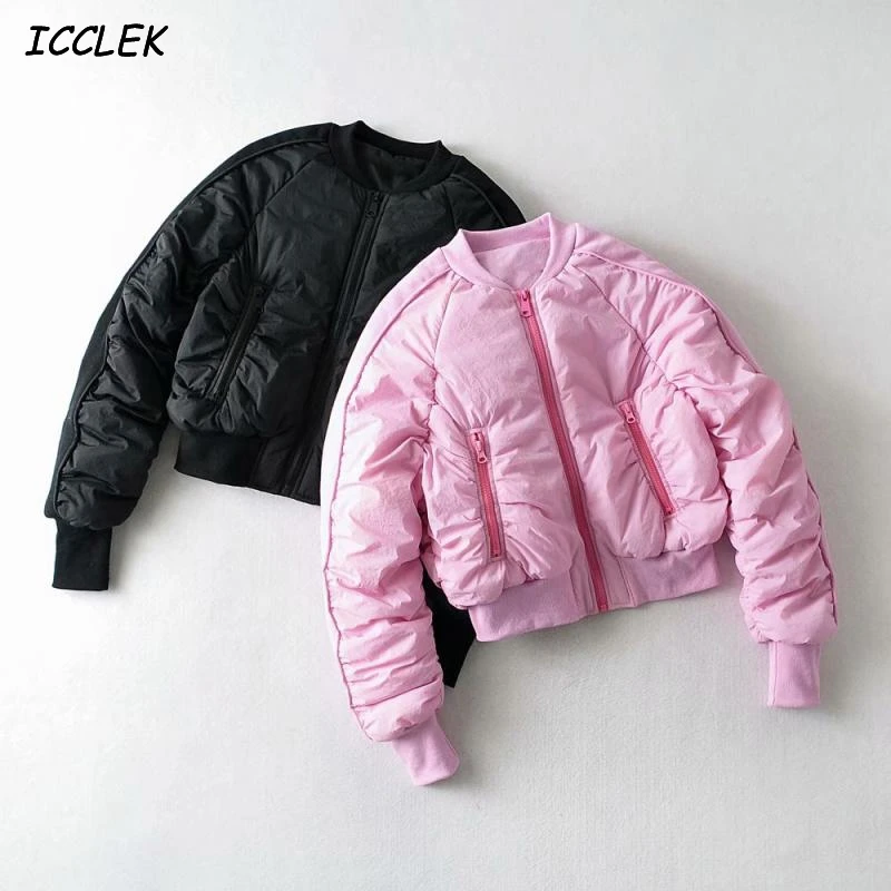 

Icclek Jackets Women's Bomber Coat Pink Cropped Tops Zipper Pockets Winter Warm Coat Fashion Parkas Baseball Jacket Femme