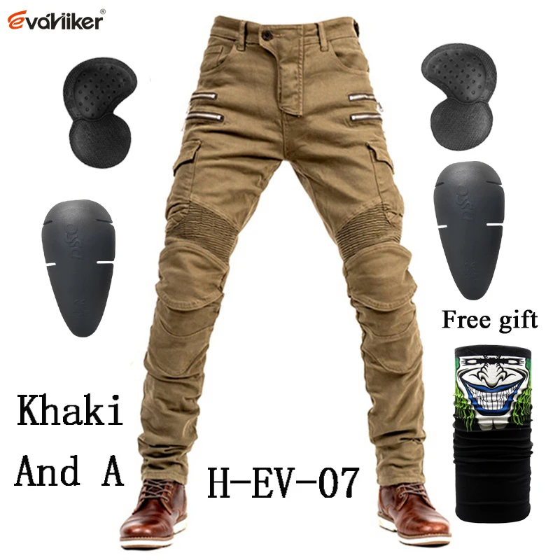 H-EV-07 Khaki and A New Khaki Black Blue Motorcycle Pants Men Moto Jeans Zipper Protective Gear Motorbike Trousers Motocross Pants Moto Pant - Цвет: H-EV-07 Khaki and A