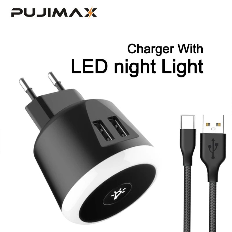 Pujimax 5V 2.4A дорожное зарядное устройство Зарядное устройство с светодиодный Ночной светильник с 1 м USB кабель для зарядки с двумя портами usb для iPhone samsung Xiaomi Зарядное устройство