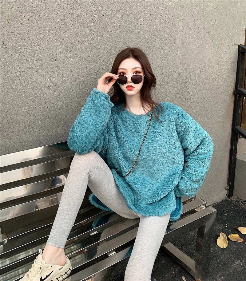 

Fall Winter Oversize Women Warm Sweaters Long Sleeve Soft Plush Casual Sweater 2021 Fashion Thick Warm Faux Fur Pullover Tops