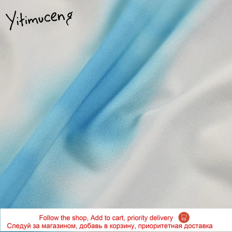 

Yitimuceng Crop Tops Long Sleeve Summer Tops for Women 2021 Blue Print T Shirt Tie Dye Sexy & Club Full Super-short New Fashion