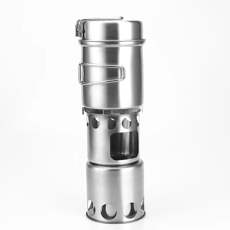 

Portable Stainless Steel Camping Wood Stove Pot Set Outdoor Picnic Folding Cookware Hiking Travel Windproof Heating Wood Stove