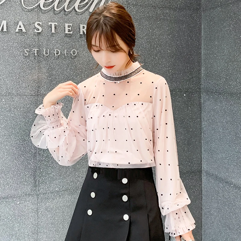 COIGARSAM Casual Patchwork blouse women New Spring Polka Dot Chiffon Loose Mesh blusas womens tops and blouses Pink 8777 | Женская